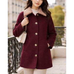Petite Studio NYC Megan Wool Cashmere Coat Plum Sherpa Collar XS NWT